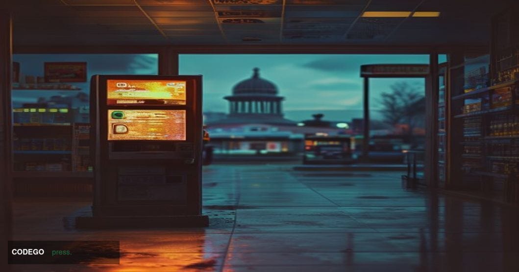 A photorealistic editorial photograph of a standalone Bitcoin ATM kiosk situated inside a fluorescent-lit Texas convenience s