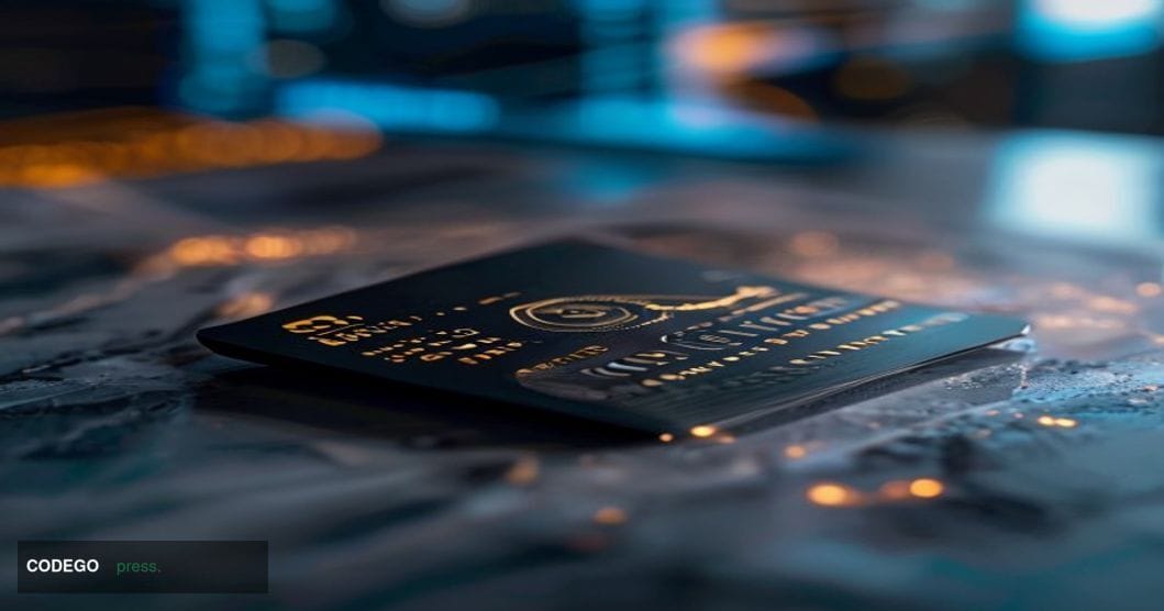 # Image Prompt:

A close-up cinematic shot of a sleek, modern cryptocurrency debit card positioned at a 45-degree angle on a 