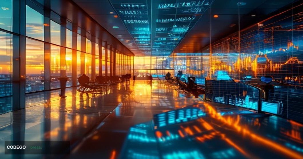 A dramatic cinematic editorial photograph set inside a futuristic yet grounded financial trading floor where holographic stoc