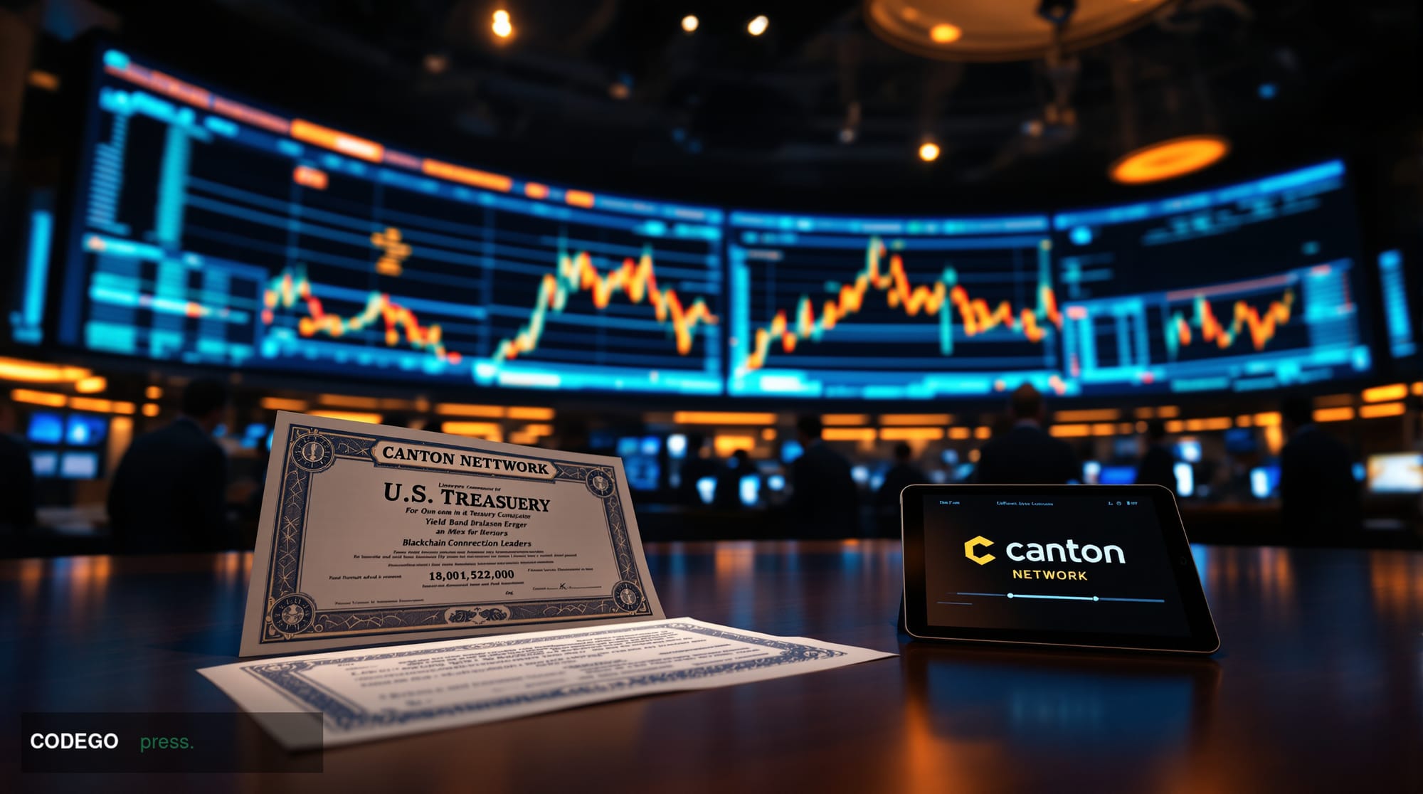 A cinematic editorial photograph set in a sleek, high-ceilinged institutional trading floor, identifiable as a major Wall Str