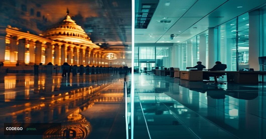 A cinematic editorial split-composition photograph evoking the intersection of politics, cryptocurrency, and digital banking.