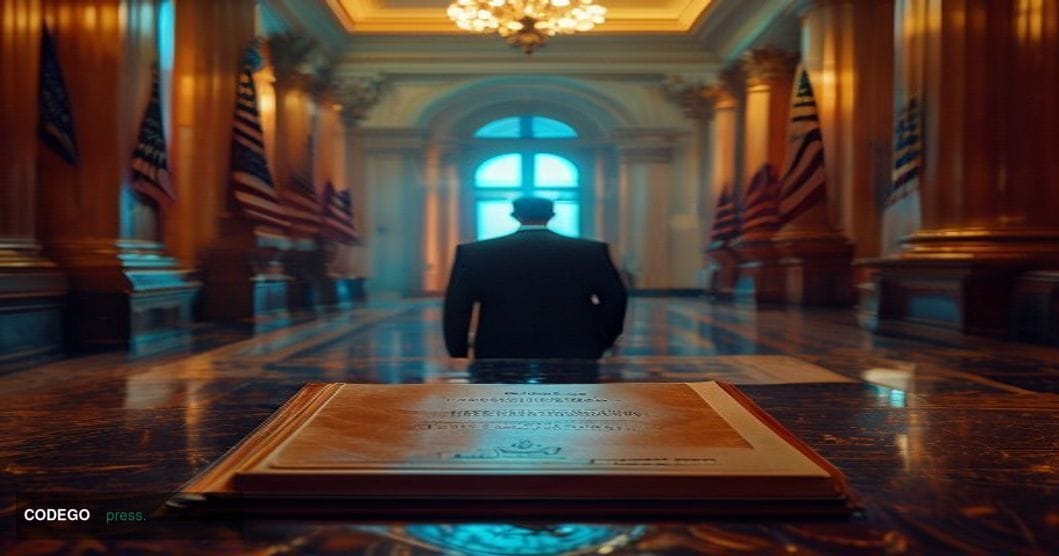 A dramatic photorealistic editorial photograph set inside a stately United States Senate chamber corridor, with polished marb