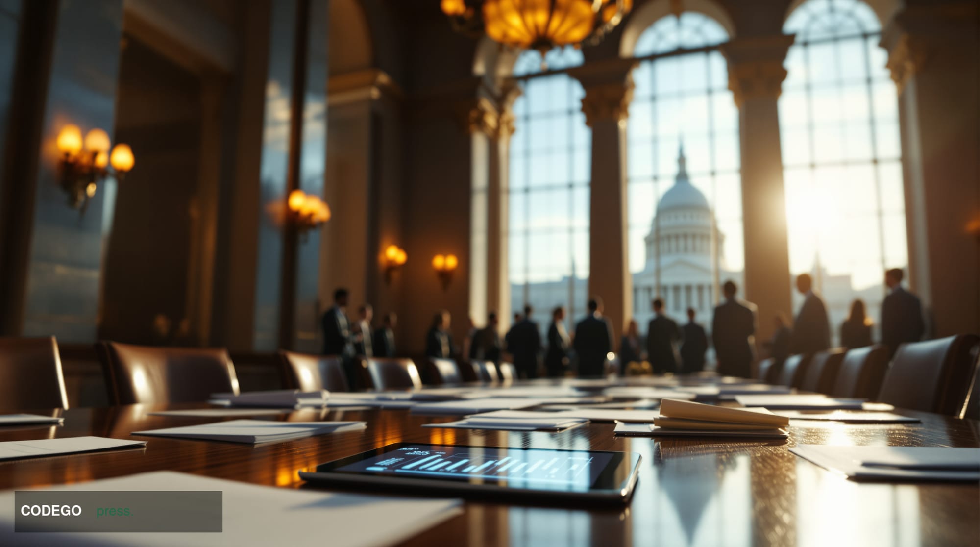 A cinematic editorial photograph set inside a grand congressional meeting room in Washington D.C., with warm amber light stre