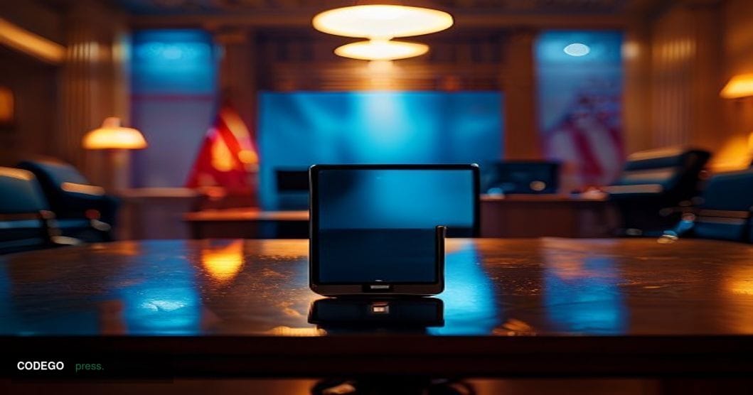 A dramatic cinematic editorial photograph set inside a dimly lit government briefing room, with a presidential teleprompter s