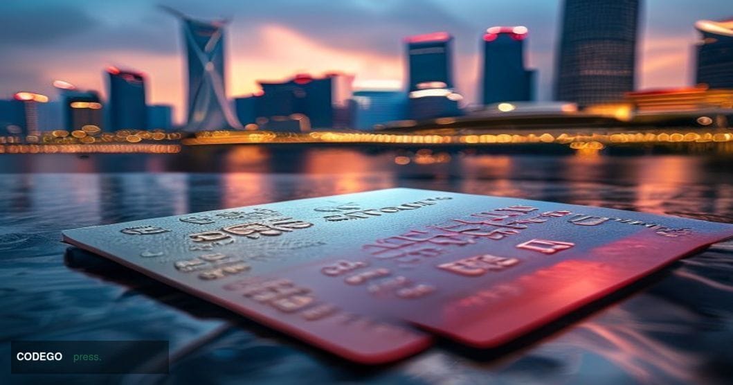 A cinematic editorial photograph set in Singapore's central business district, with the Marina Bay Sands and gleaming financi