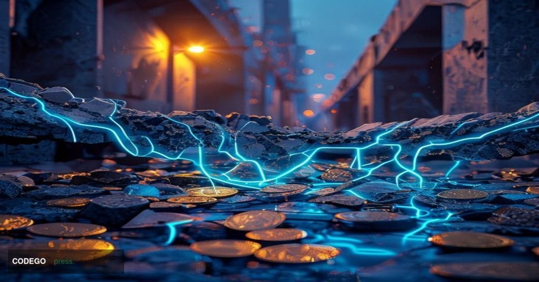 A dramatic cinematic editorial photograph depicting a fractured digital bridge structure rendered as a physical architectural