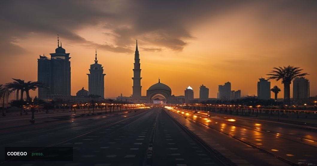 A cinematic editorial photograph taken at dusk over the Abu Dhabi skyline, with the iconic Sheikh Zayed Grand Mosque visible 