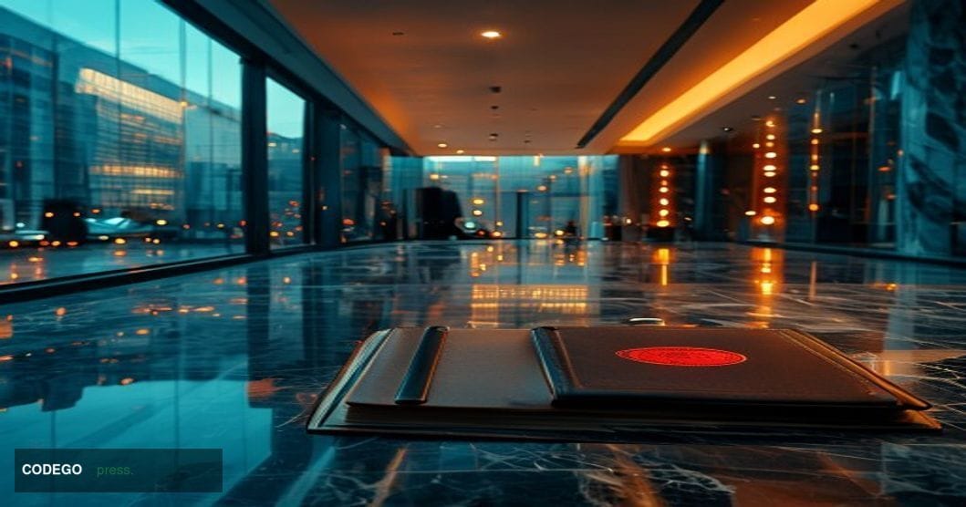 A dramatic cinematic editorial photograph set inside a grand, high-ceilinged private banking hall, marble floors reflecting c