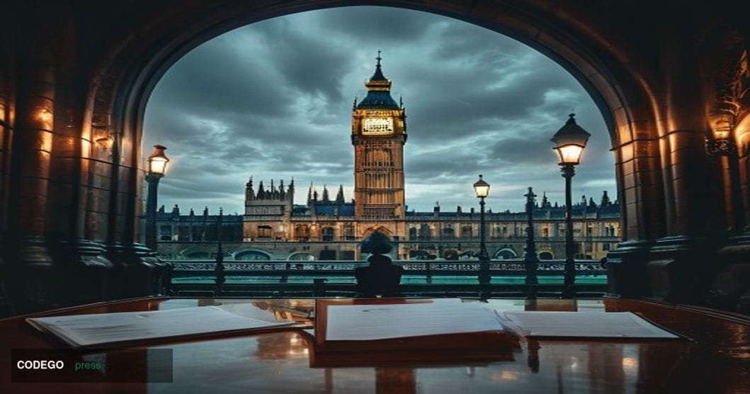 A dramatic cinematic editorial photograph set outside the Palace of Westminster in London, with the iconic Elizabeth Tower (B