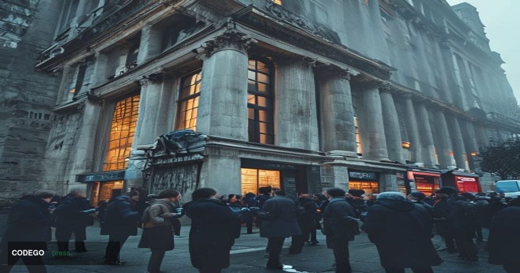 A cinematic editorial photograph taken at street level on a grey overcast London morning, looking up at the imposing stone an