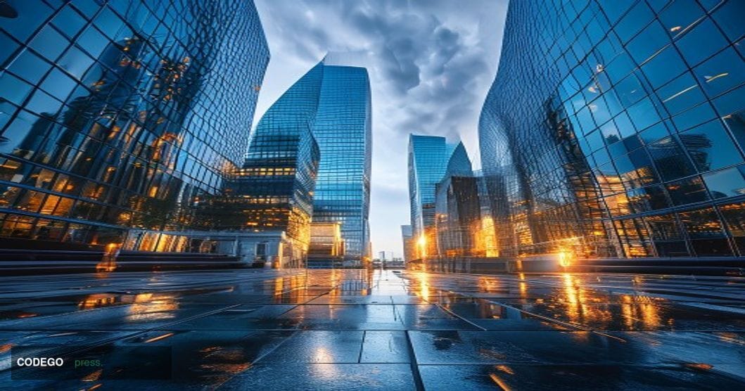 A cinematic editorial photograph taken from a low-angle perspective looking up at the glass-and-steel facades of four adjacen