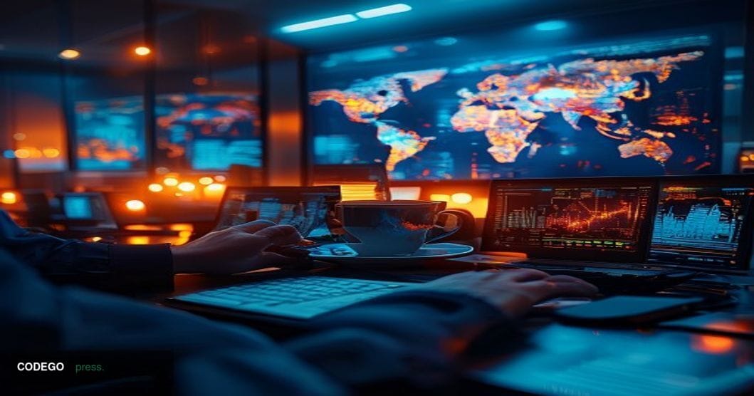 A cinematic editorial photograph set inside a sleek, modern British bank operations centre at night, with rows of monitors di