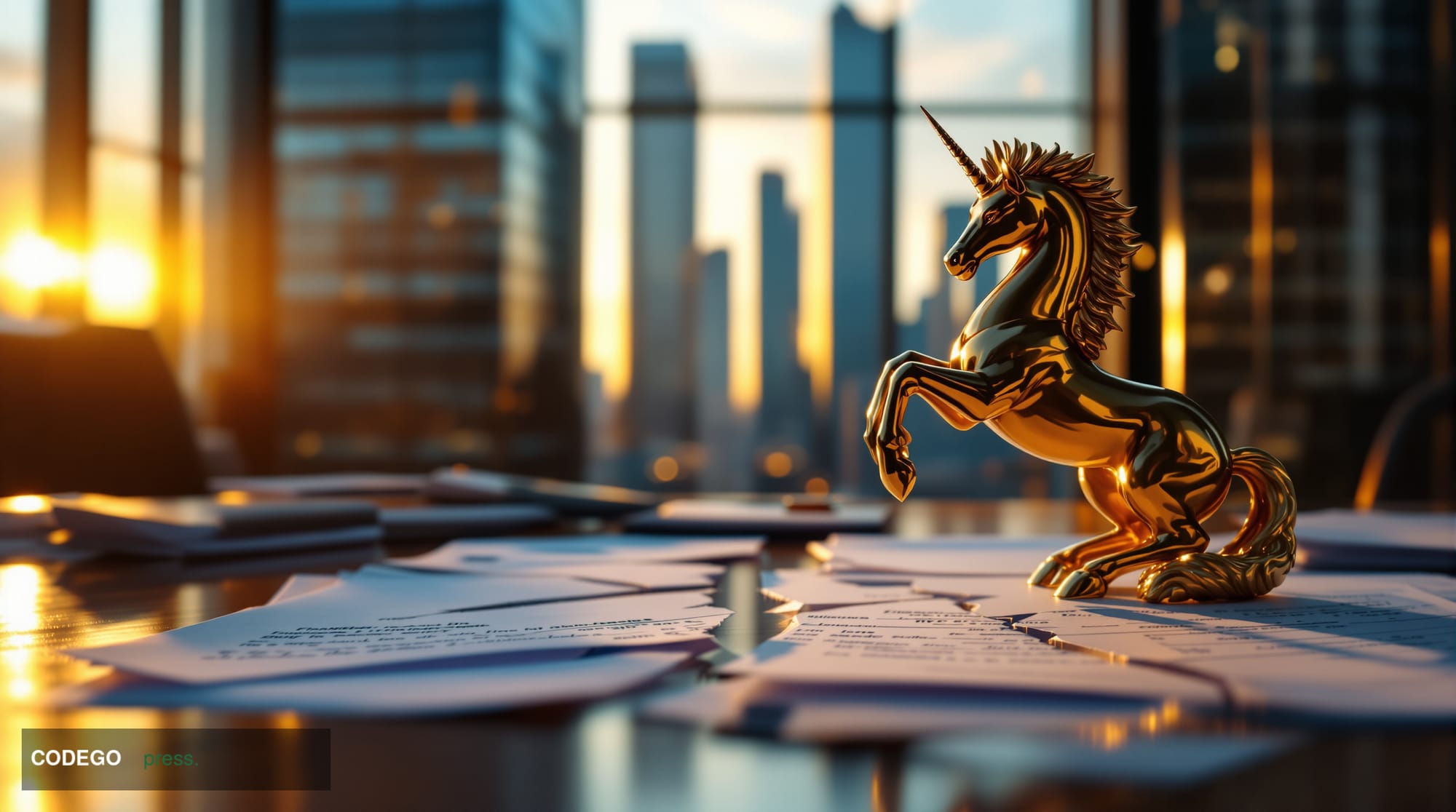 A dramatic cinematic editorial photograph set in London's Canary Wharf financial district, with the iconic glass towers refle
