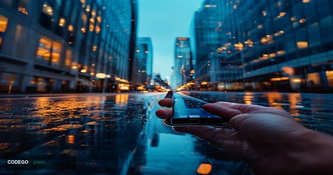 A cinematic editorial photograph set inside a modern British financial district, with the glass facades of Canary Wharf tower