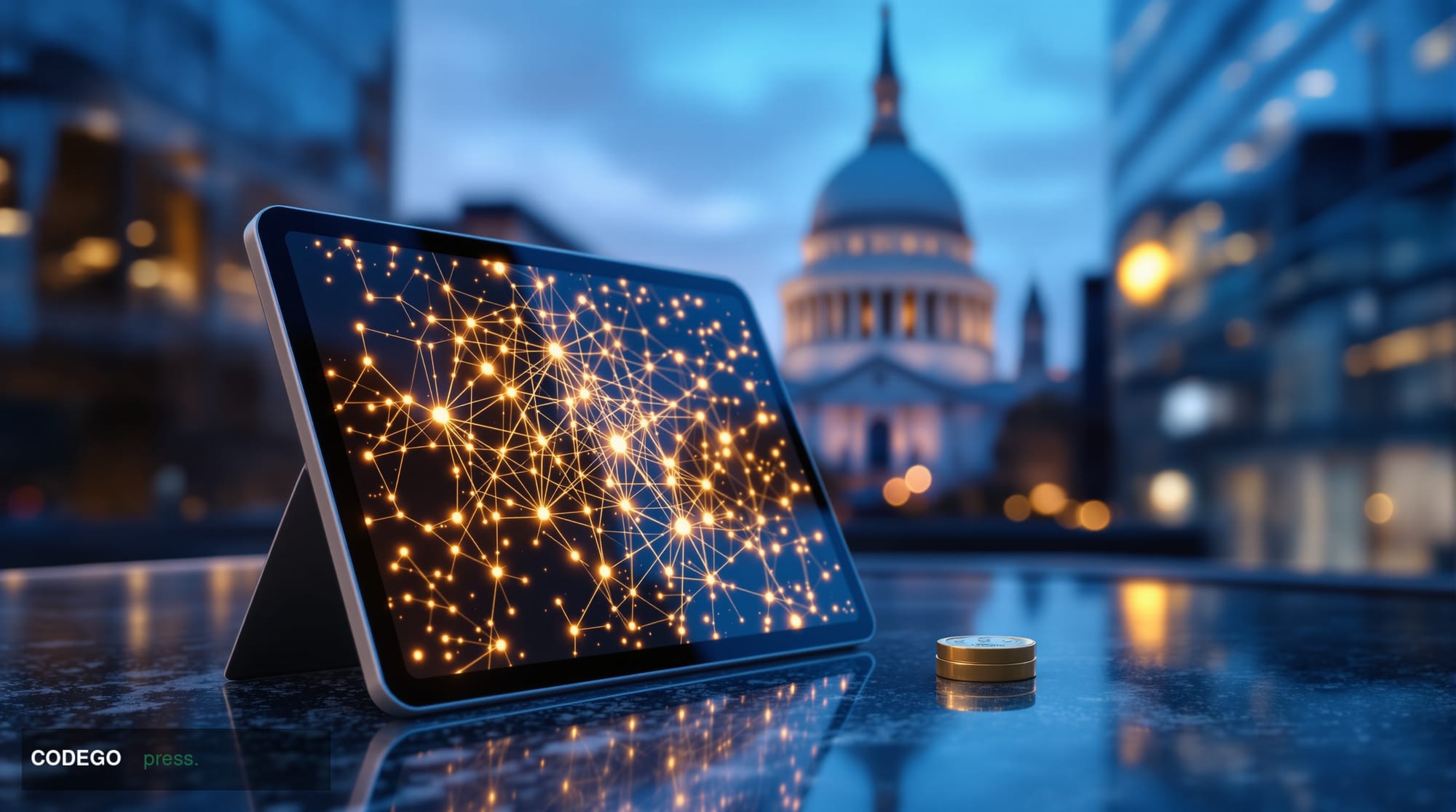 A photorealistic editorial photograph set in the City of London financial district, with the iconic dome of St. Paul's Cathed