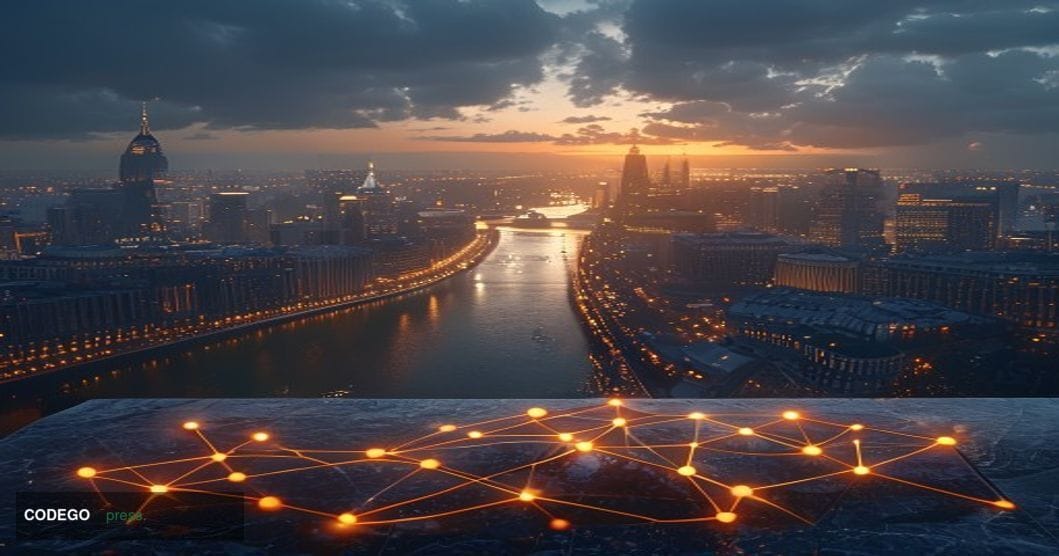 A sweeping cinematic aerial shot looking down along the Thames toward the City of London financial district at dusk, with the