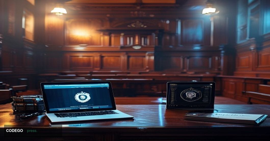 A dramatic cinematic editorial photograph set inside a dimly lit UK courtroom interior, with the iconic dark wood paneling an