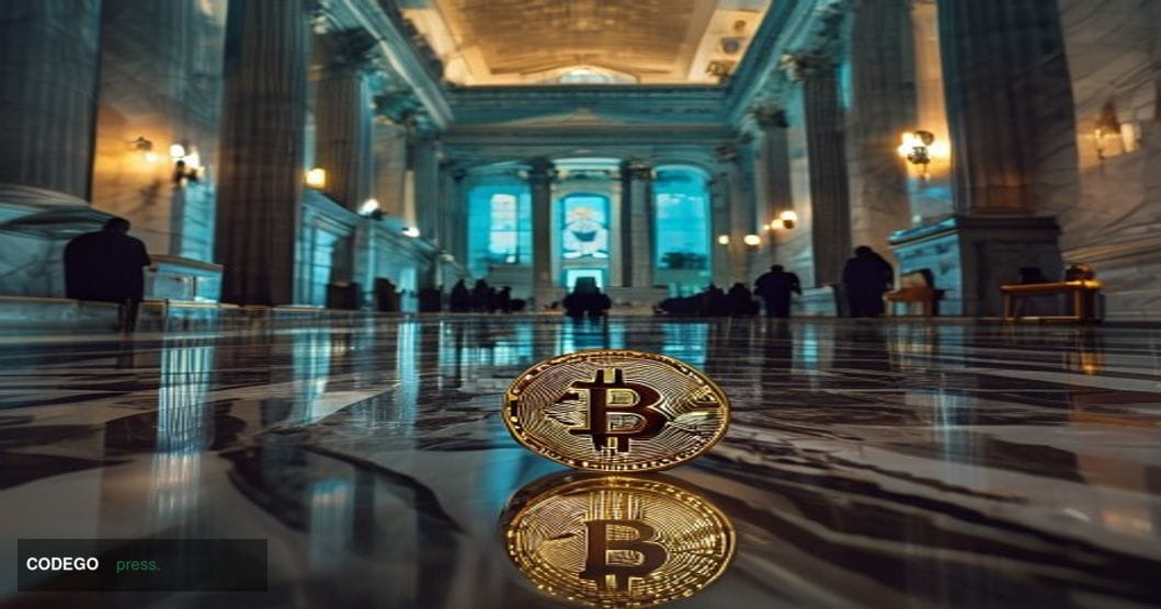 A cinematic editorial photograph shot inside a grand federal government building in Washington D.C., featuring the neoclassic