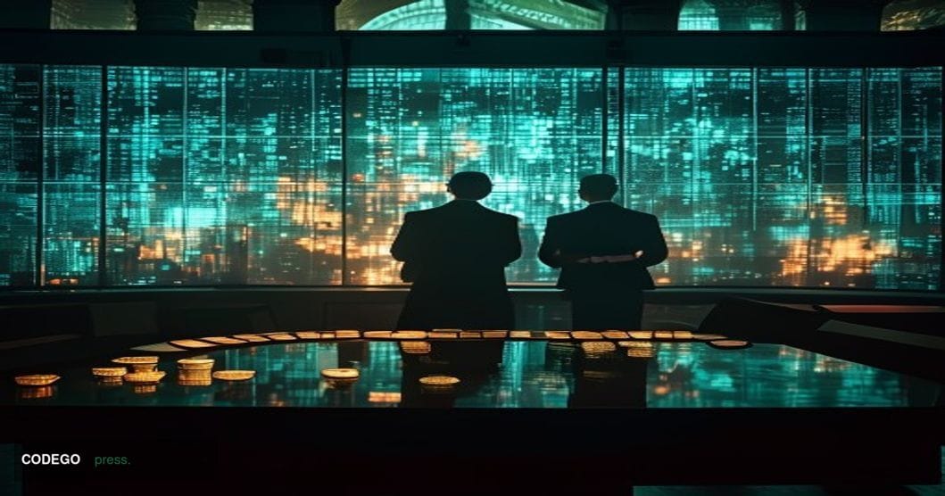 A dramatic cinematic editorial photograph set in a dimly lit federal operations center, with large wall-mounted screens displ