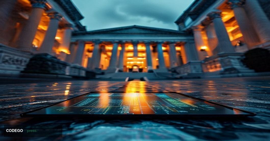 A cinematic editorial photograph shot at ground level looking up at the imposing neoclassical facade of the United States Dep