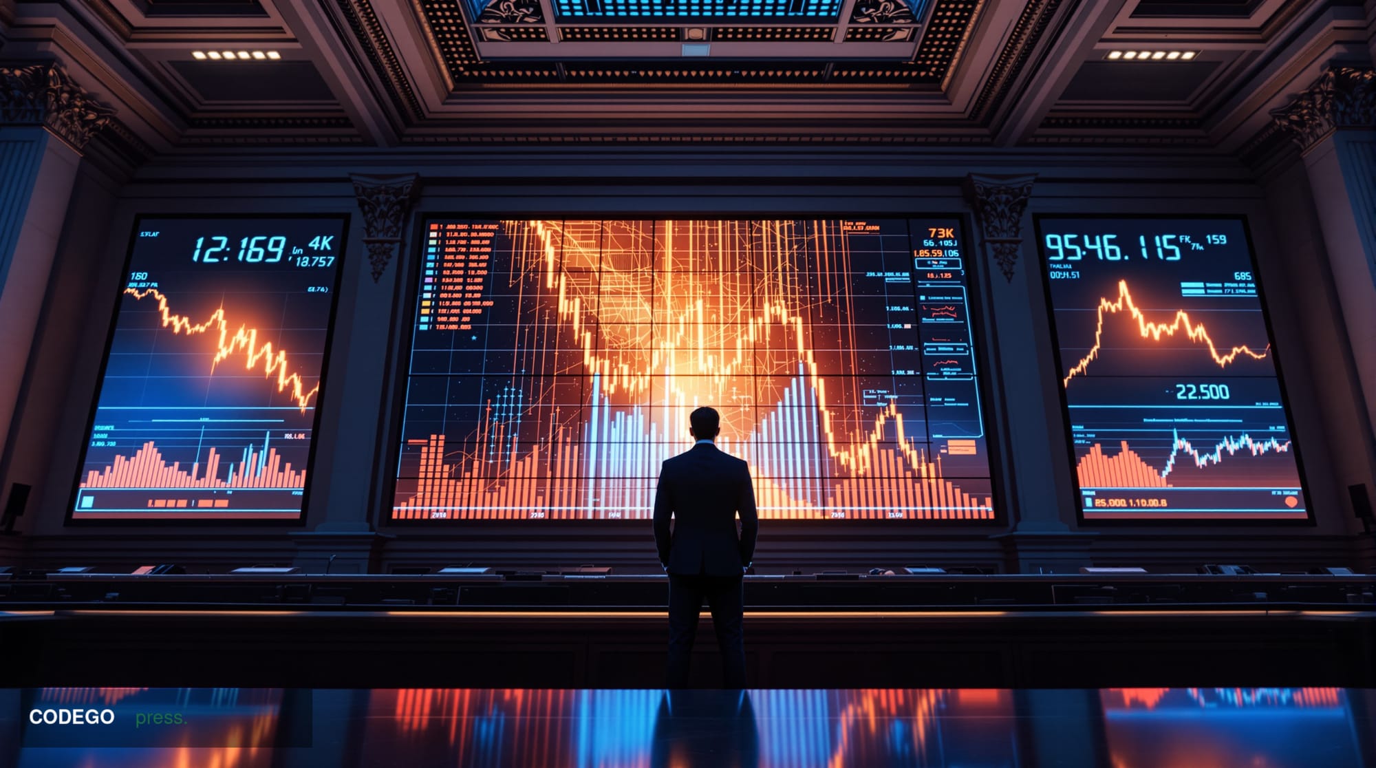 A dramatic editorial photograph set inside a grand Federal Reserve trading floor environment, with large digital ticker scree