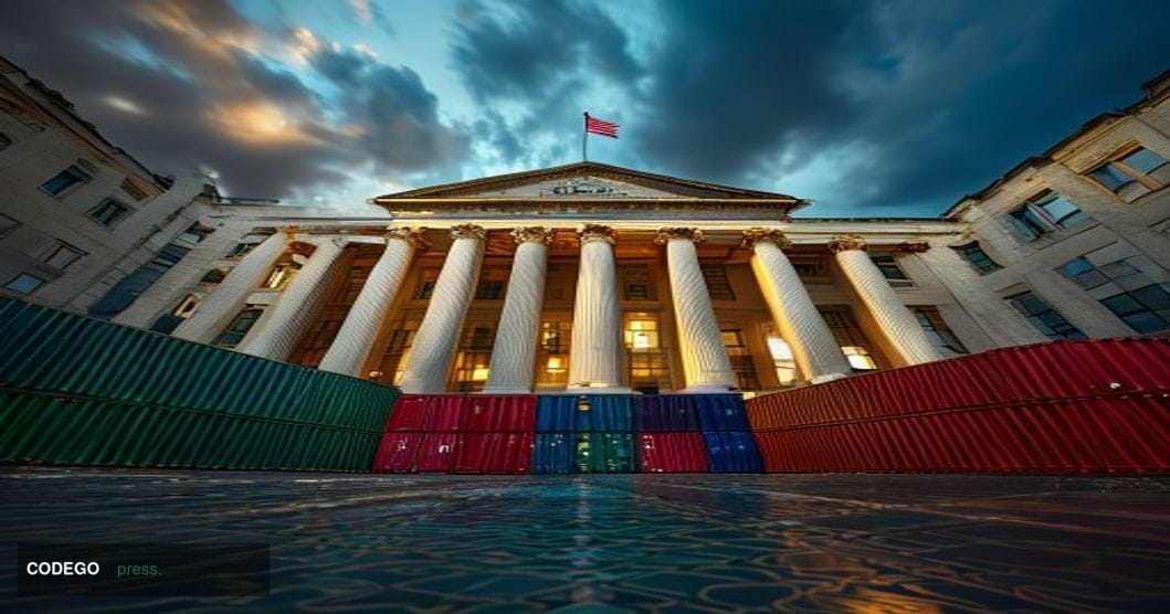 A cinematic editorial photograph taken at ground level looking up at the grand neoclassical facade of the United States Trade