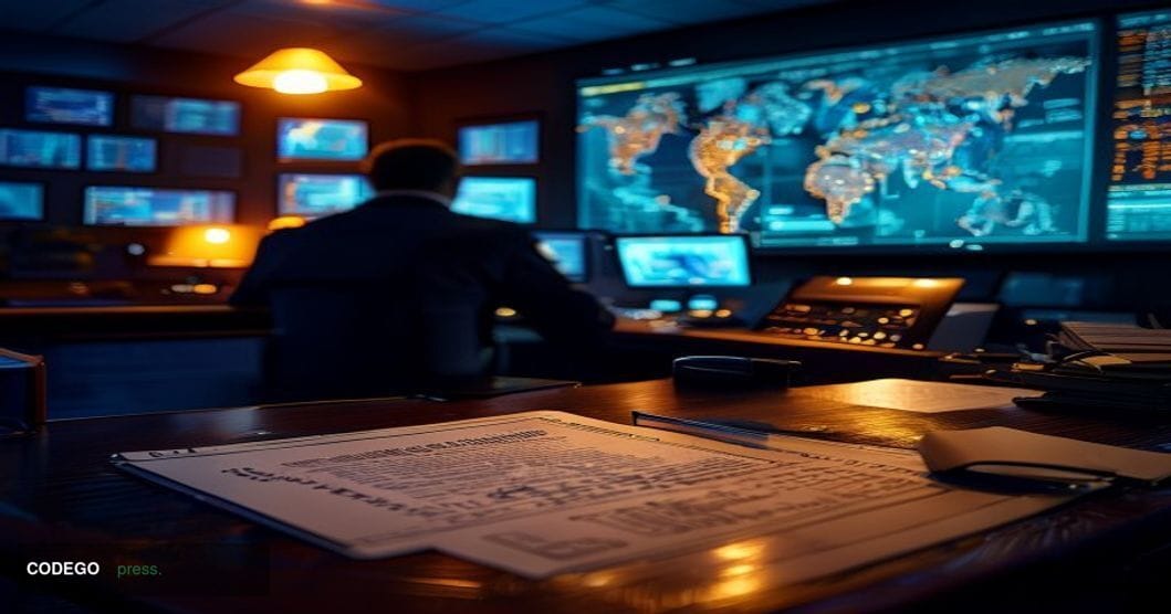 A cinematic editorial photograph set inside a federal law enforcement operations center, dimly lit with dramatic chiaroscuro 