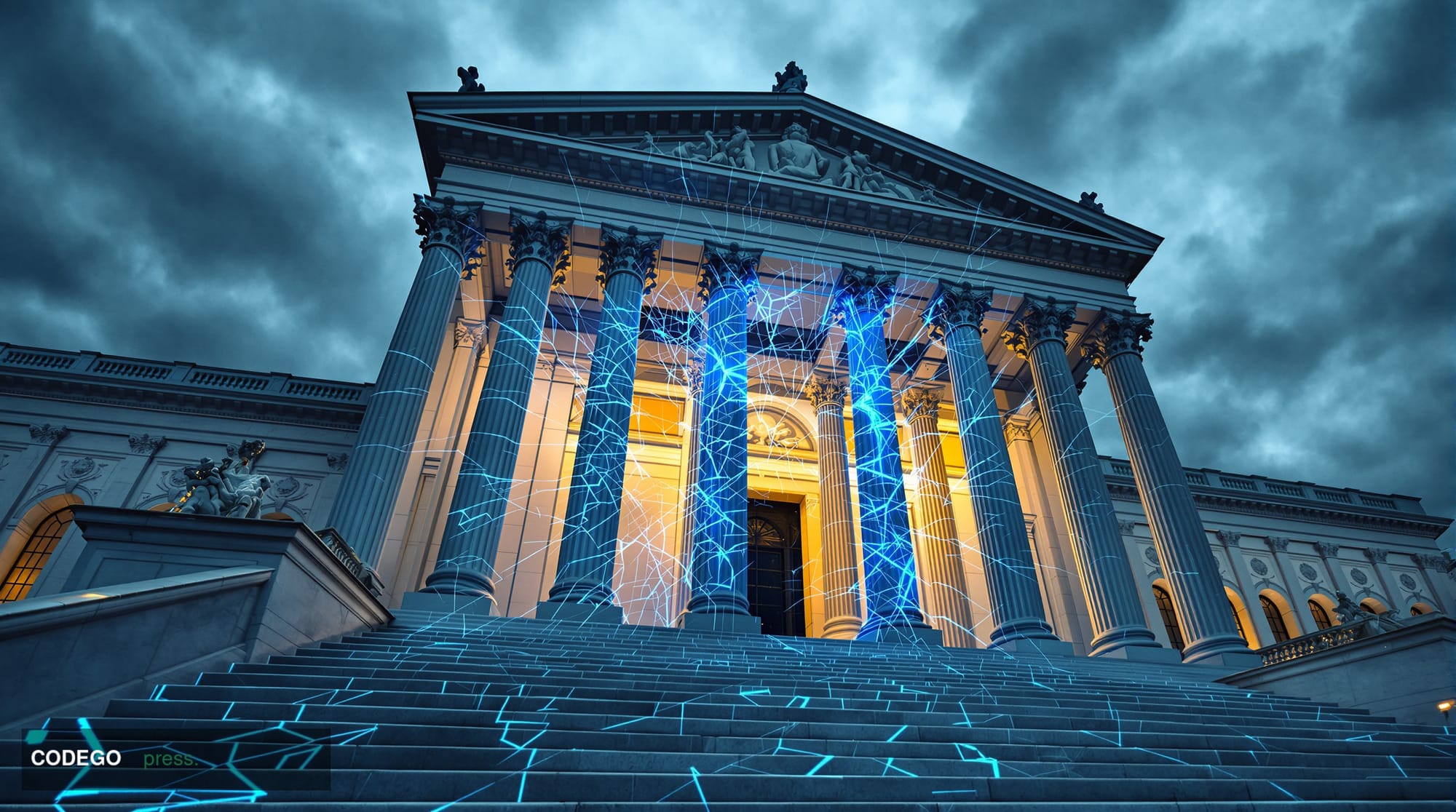 A dramatic cinematic editorial photograph taken at a low angle looking up at the imposing neoclassical facade of the US Treas