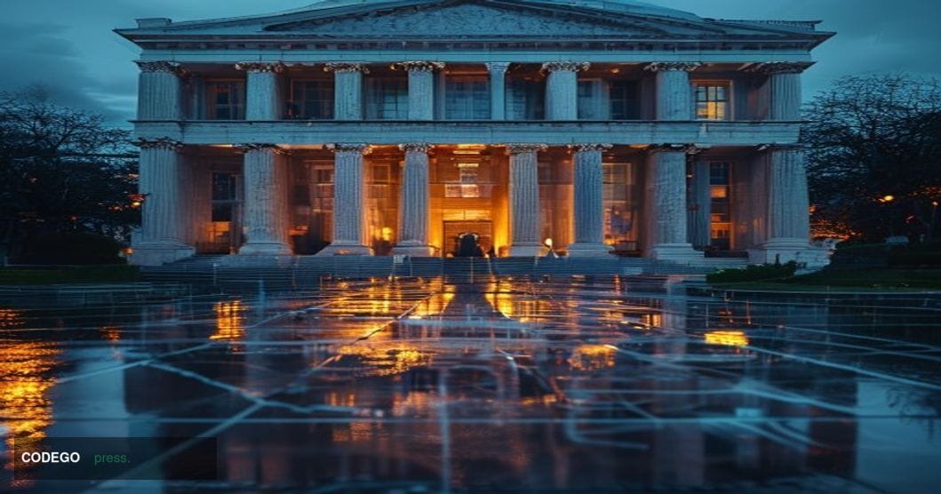 A cinematic editorial photograph depicting the exterior of a austere government financial building in Washington D.C., identi