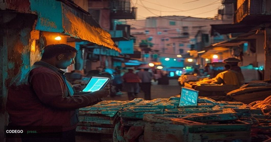 A cinematic editorial photograph set in a bustling Caracas street market, with Venezuelan vendors and buyers exchanging goods