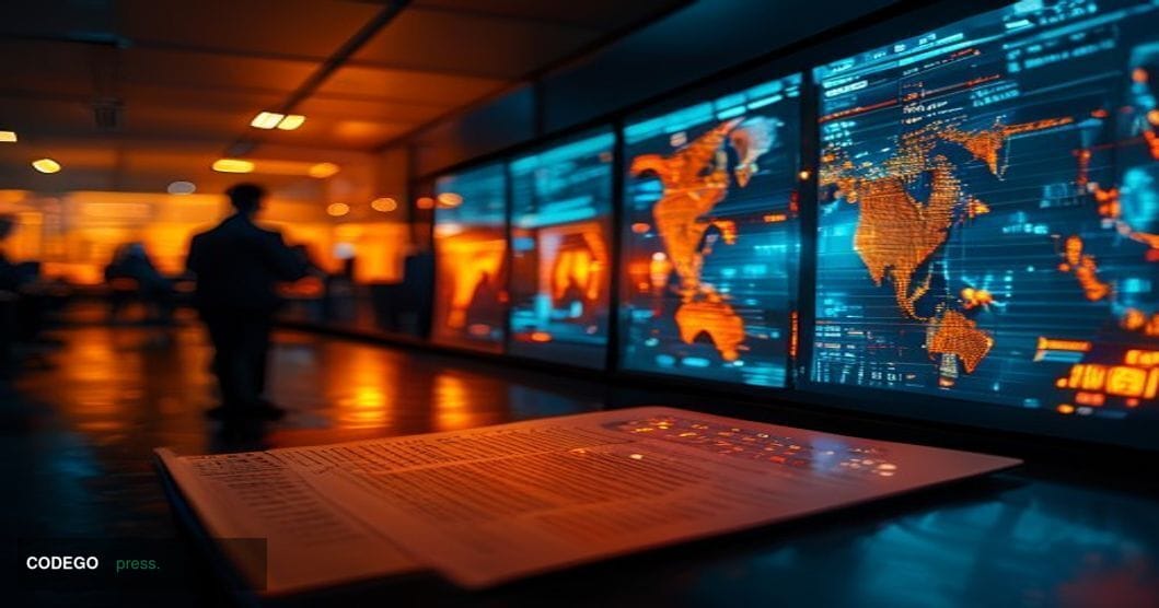 A photorealistic editorial photograph set inside a dimly lit financial security operations center, with large curved monitors