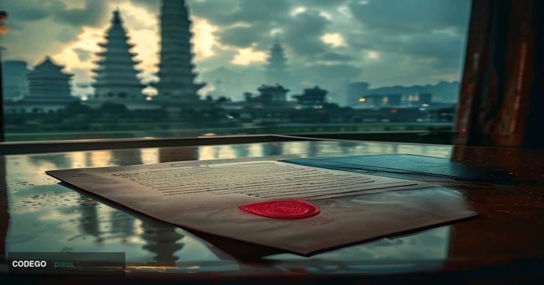 A cinematic editorial photograph set in Hanoi, Vietnam, with the iconic One Pillar Pagoda or Hoan Kiem Lake visible in the so