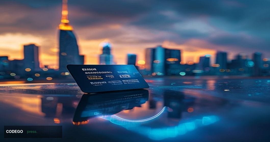 A cinematic editorial photograph centered on a physical Visa-branded payment card hovering above a sleek dark surface, reflec