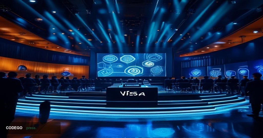 A dramatic cinematic editorial photograph set inside a sleek, modern financial technology conference hall reminiscent of a ma