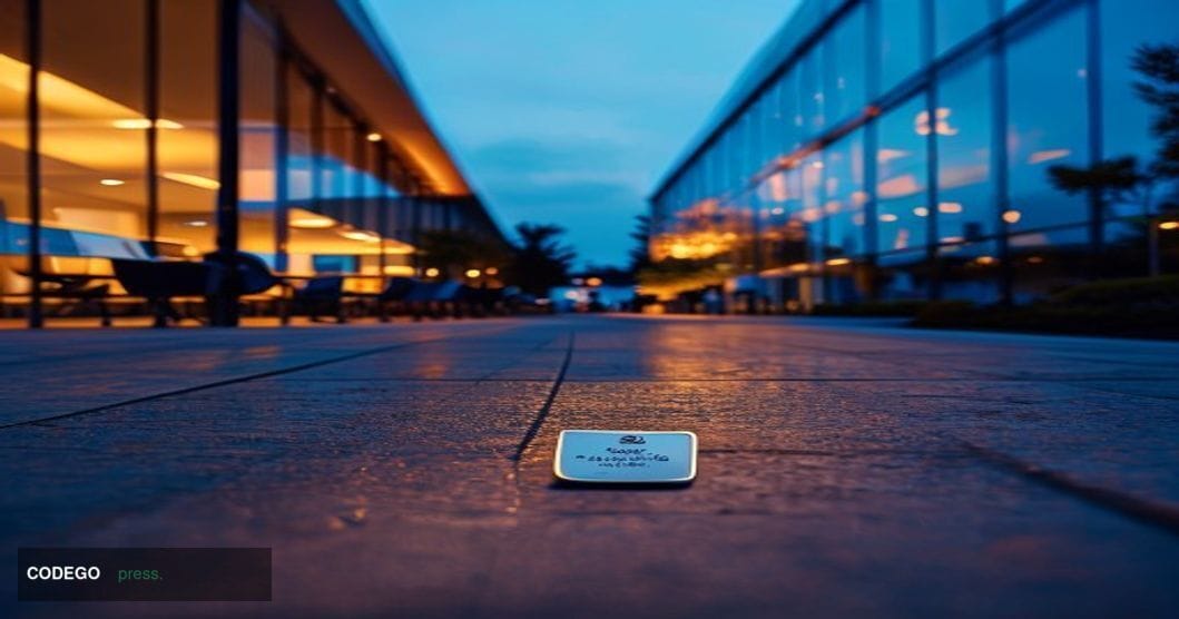 A dramatic wide-angle exterior shot of Visa's corporate campus in Foster City, California, photographed at dusk with warm amb