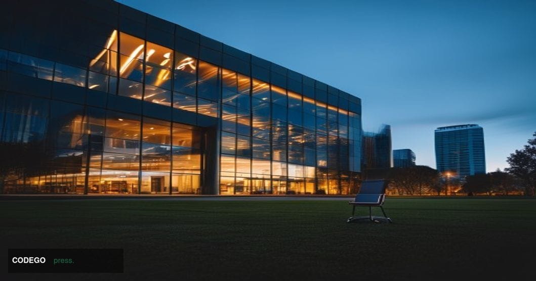 A cinematic editorial photograph of the exterior of Visa's corporate headquarters in Foster City, California, shot at dusk wi