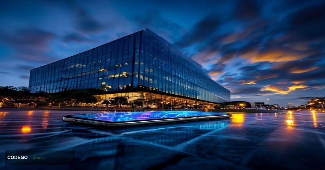A dramatic cinematic editorial photograph of Visa's Foster City, California corporate headquarters campus at dusk, the iconic