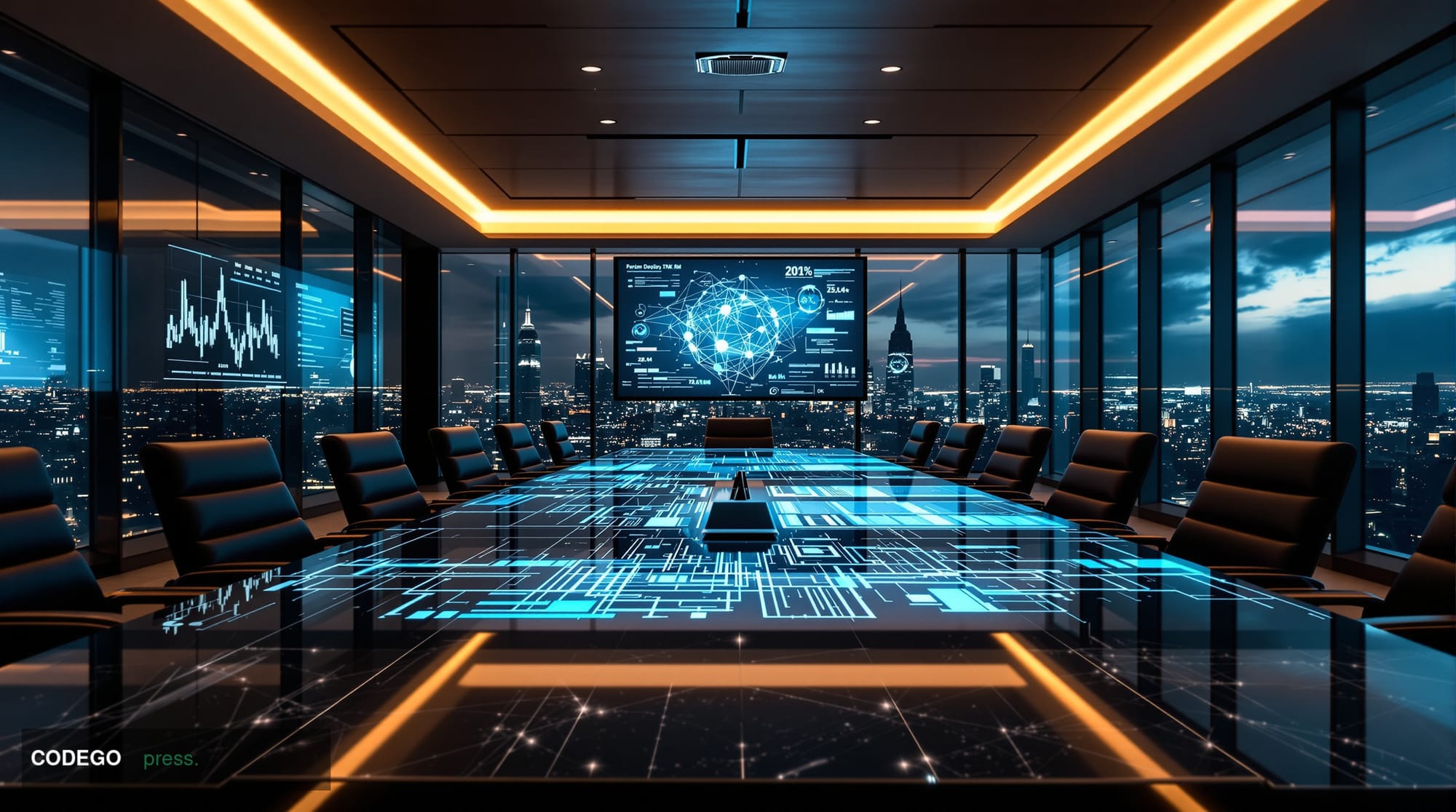 A cinematic editorial photograph set inside a sleek, marble-and-glass financial summit boardroom with floor-to-ceiling window