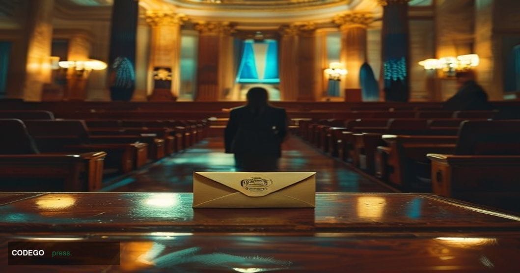A cinematic editorial photograph set inside a grand federal government hearing chamber in Washington D.C., with dramatic chia