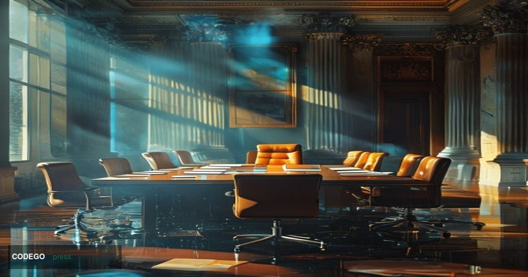 A photorealistic editorial photograph set inside a formal Federal Reserve boardroom environment, styled after the Marriner S.