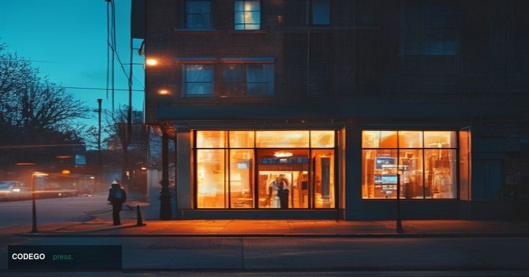 A photorealistic cinematic editorial photograph centered on Western Union's branded storefront or agent location in a mid-siz