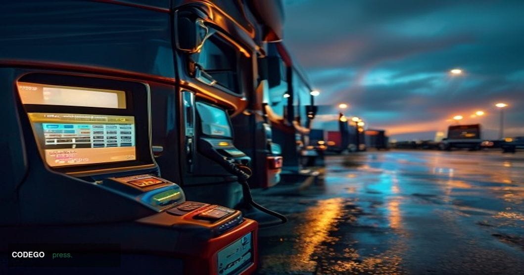 A cinematic editorial photograph set at a large commercial truck stop and fueling station somewhere in North America, with a 