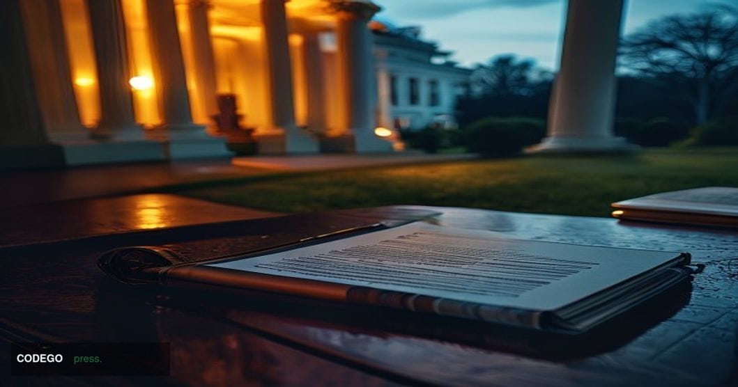 A dramatic cinematic editorial photograph taken at the north facade of the White House at dusk, with warm amber light casting
