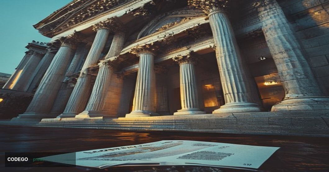 A dramatic cinematic editorial photograph shot from a low angle looking up at the imposing neoclassical stone facade of the O