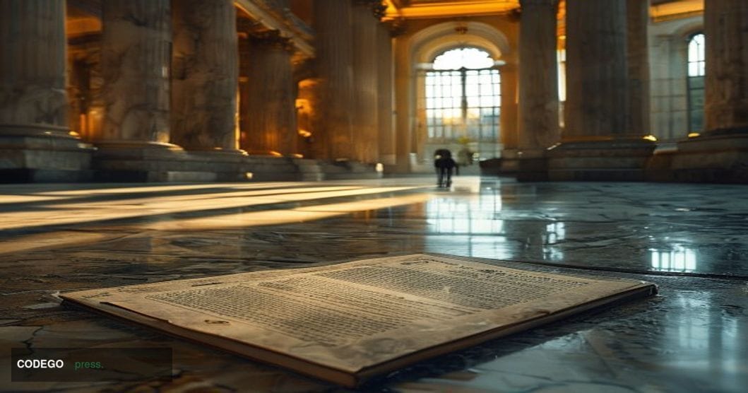 A photorealistic editorial photograph set inside a grand, columned United States Senate chamber corridor in Washington D.C., 