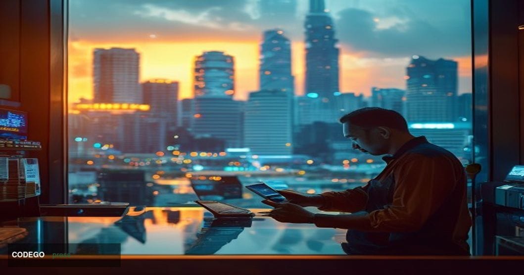A cinematic editorial photograph set at the heart of Manila's bustling financial district, with the iconic Bonifacio Global C