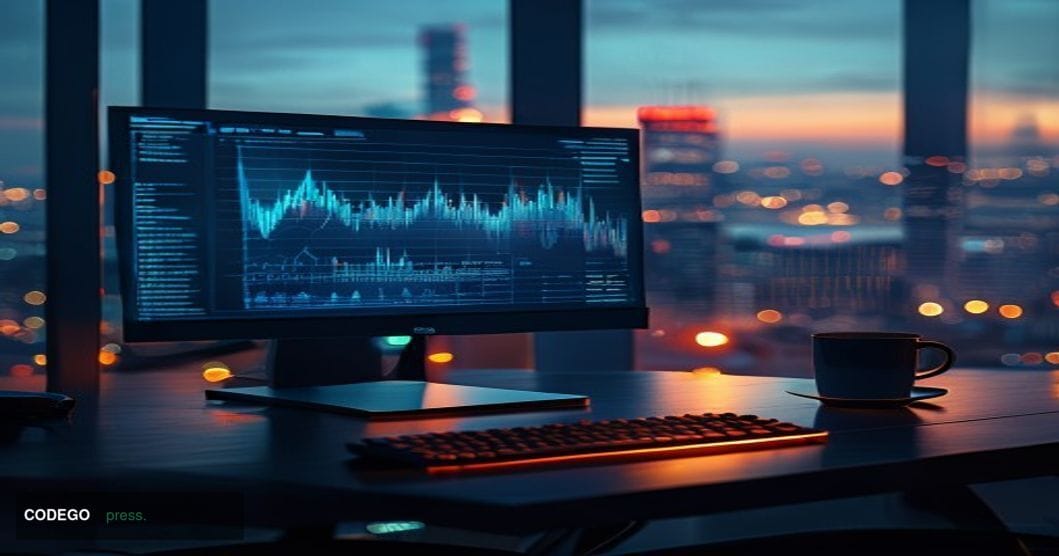 A cinematic editorial photograph of a darkened computer monitor displaying a fading cryptocurrency portfolio dashboard interf