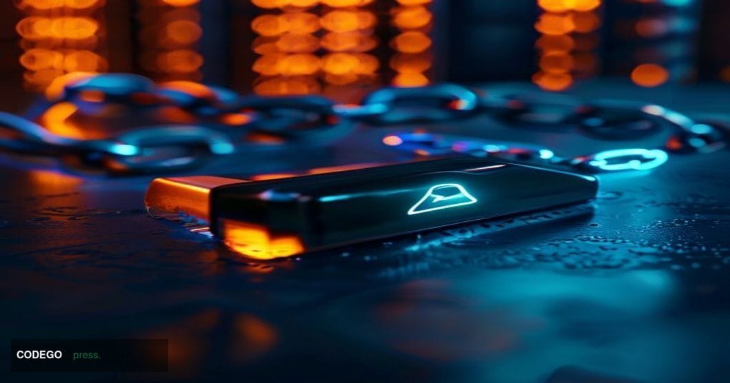 A cinematic editorial close-up of a Ledger hardware wallet device resting on a dark matte surface, shot from a low 45-degree 