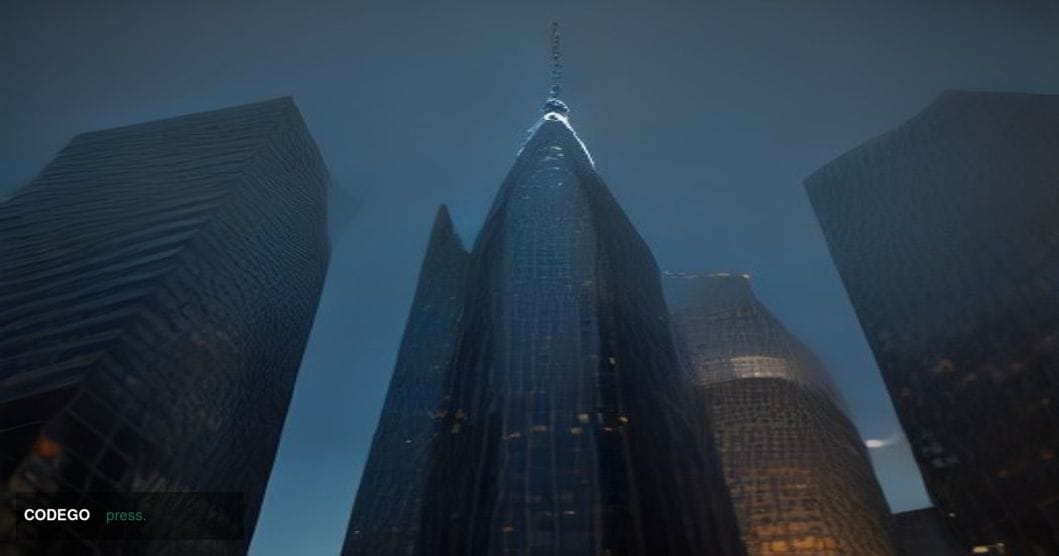 A dramatic cinematic editorial photograph of a gleaming modern financial district at dusk, shot from a low angle looking upwa