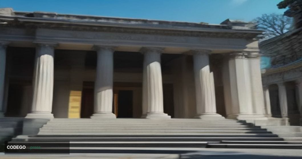 A dramatic wide-angle shot of a grand neoclassical American banking institution exterior at golden hour, its towering stone c
